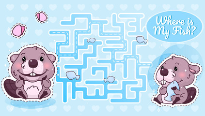 Where is my fish labyrinth with cartoon character template. Smiling beaver find path maze with solution for educational kids game. Rodent eating seafood printable flat vector layout © IMG visuals characte