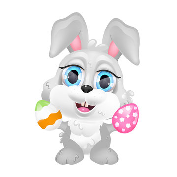 Cute Easter bunny with eggs kawaii cartoon vector character. Adorable and funny animal isolated sticker, patch. Eggs hunting symbol. Anime baby happy rabbit, smiling hare emoji on white background