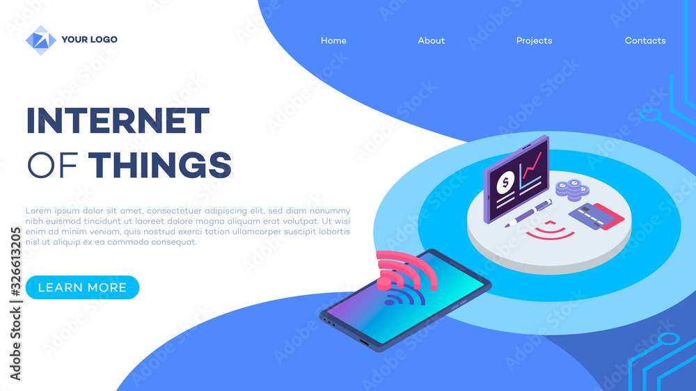 Poster e wallet isometric landing page vector template with isometric illustration. electronic wallet smart