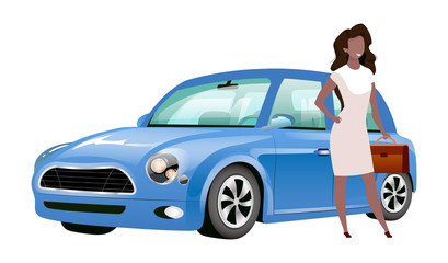 Plakat Businesswoman standing by car flat color vector faceless character. African american woman holding briefcase near mini cooper isolated cartoon illustration for web graphic design and animation