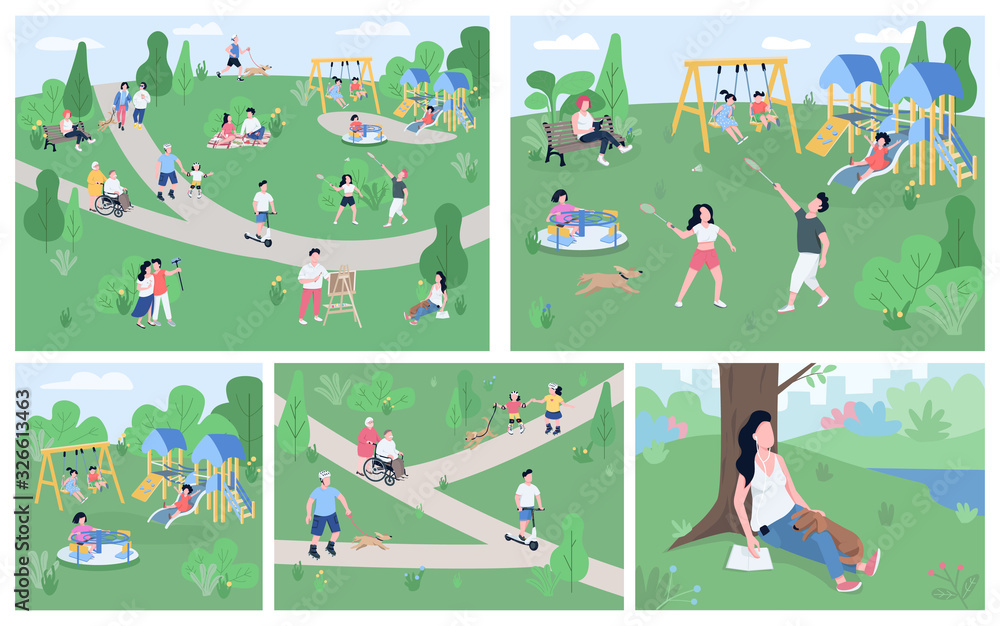 Poster rest in park flat color vector illustrations set. 2d cartoon characters enjoying open air activities