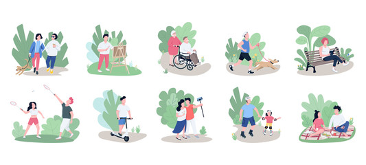 People relaxing outdoors flat color vector faceless characters set. Weekend pastime, open air recreation, family rest, active lifestyle isolated cartoon illustrations on white background