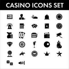 B&W Illustration of Casino Icon Set on White Background.