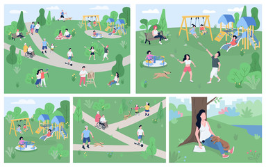 Rest in park flat color vector illustrations set. 2D cartoon characters enjoying open air activities, countryside relax. Children playgrounds equipment, recreational national park landscape - obrazy, fototapety, plakaty