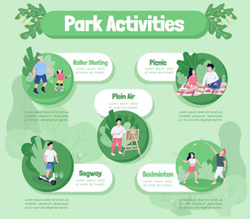 Park activities flat color vector informational infographic template. Outdoor relax poster, booklet, PPT page concept design with cartoon characters. Advertising flyer, leaflet, info banner idea