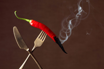 Hot chili red pepper smoking on a fork. Spice concept.