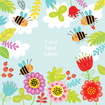 Floral background with cute bees.