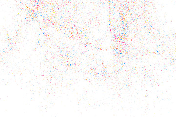 Fototapeta na wymiar Abstract Explosion of Confetti. Colorful Grainy Texture Isolated on White Background. Colored Stains and Blots. Vector Overlay Elements. Digitally Generated Image. Illustration, EPS 10.