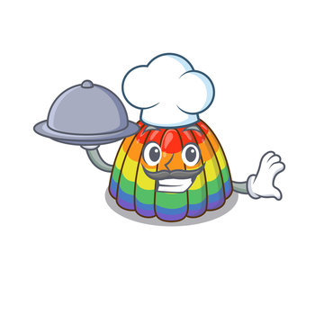 A picture of rainbow jelly as a Chef serving food on tray