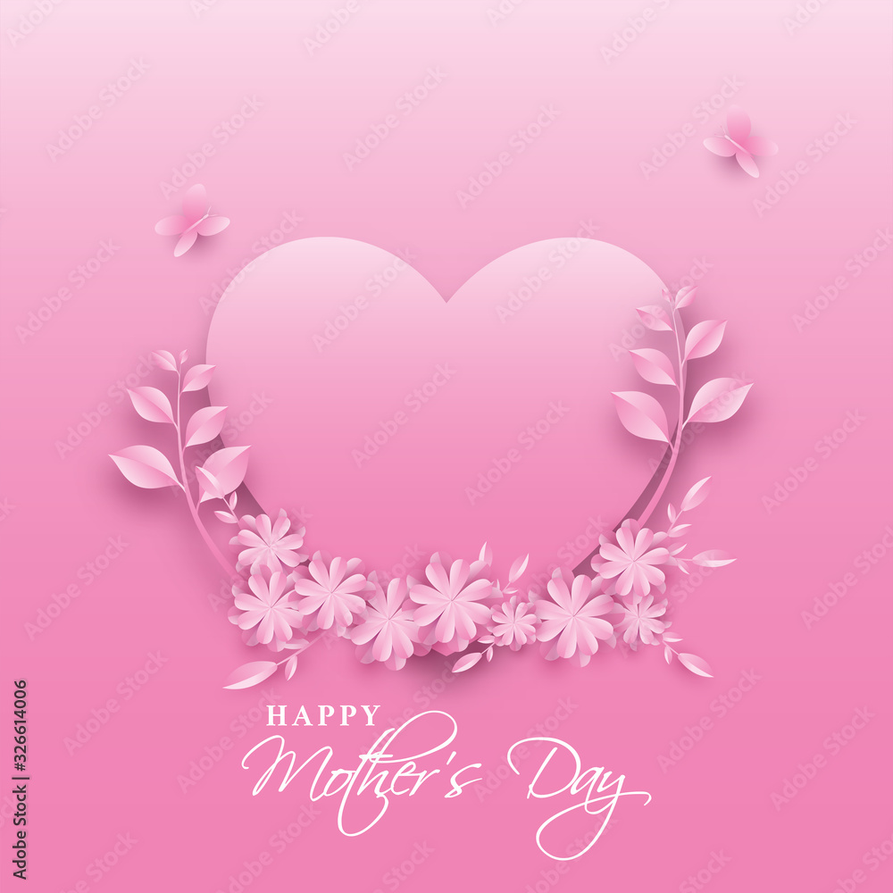 Poster paper cut flowers with leaves and butterflies decorated empty heart shape given for message on gloss