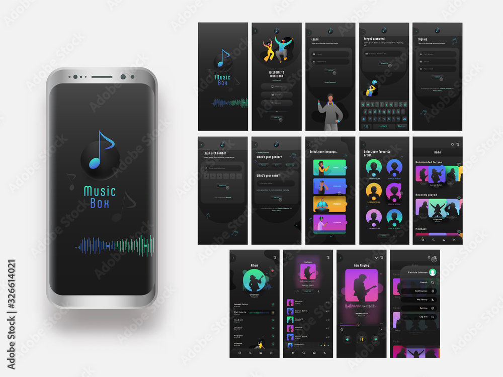 Aufkleber mobile ui kit of music box with multiple screens or creative account screens.