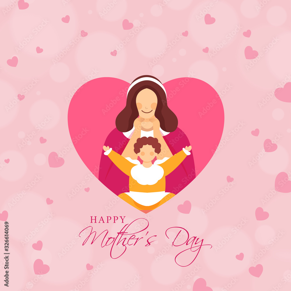 Poster cartoon young woman with her baby girl on pink hearts bokeh blur background for happy mother's day c