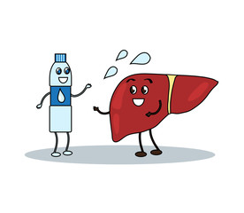 Liver and a bottle of pure water on a white background. Cartoon. Vector illustration.