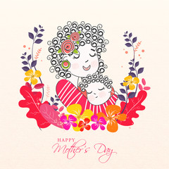 Fototapeta na wymiar Illustration of Mother Hugging to Her Child with Flowers on White Background for Happy Mother's Day Celebration.