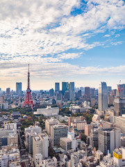 高いビルに囲まれた日本の観光名所、東京タワー。