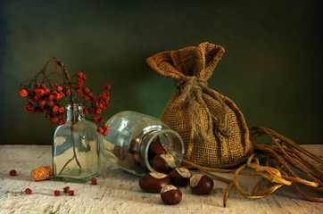 Still life with chestnuts, knotted bag, rowan berries with a rope. Vintage.