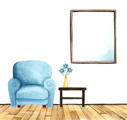 Turquoise cozy armchair on rough wooden floor and coffee table with vase of flowers on it. Dark framed window with clear sky against white wall. Hand drawn watercolor illustration of living room.