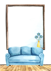 Turquoise comfortable sofa standing on rough wooden floor and big window behind with vase of flowers on sill. Dark frame against white wall. Hand drawn watercolor illustration of living room.