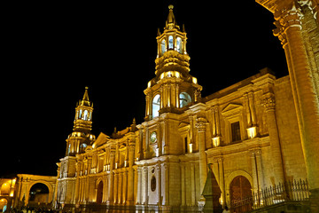 Incredible Night View of the Basilica Cathedral of Arequipa, Peru, South America	