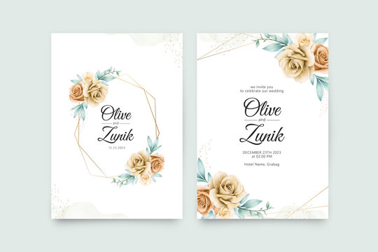 Geometric wedding invitation with yellow roses watercolor