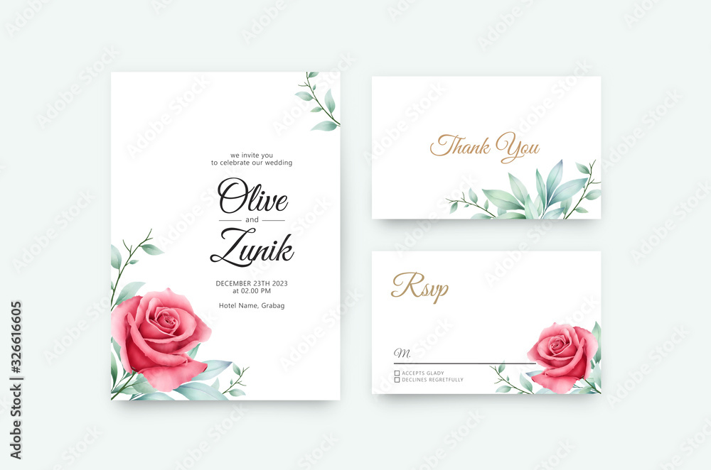 Wall mural Wedding card set template with minimalist floral watercolor design