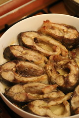 fried fish in chunks in protvin, homemade food, healthy food