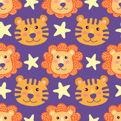 Seamless pattern with cute lions and tigers