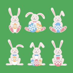 Easter rabbits. Easter cartoon bunny from front and back side on green background. Flat style vector illustration