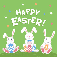Happy easter card. Easter cartoon bunnies with eggs and happy easter inscription on green background. Flat style vector illustration