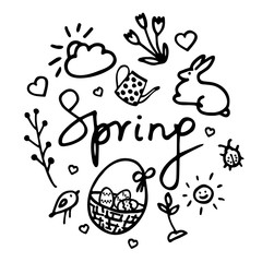 Springtime doodles. Vector design elements set with inscription Spring, flower, bug, cloud, sun, easter eggs in a basket, sprout, teapot, easter bunny and hearts