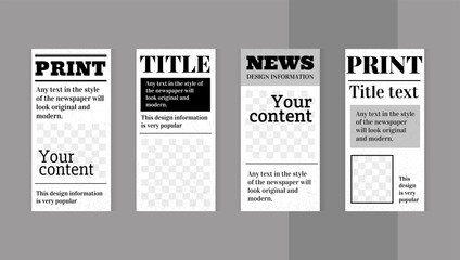 Set templates for design of social networks, instagram story and print. Newspaper style with windows for images.