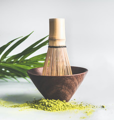 Matcha whisk set with green matcha powder