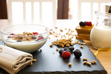 muesli with fresh fruits and milk