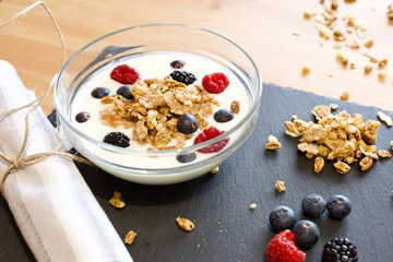 bowl of muesli with fresh berries