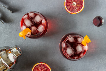 Negroni cocktail. Bitter, gin, vermouth, ice. Bar. Recipes. Alcoholic beverages.