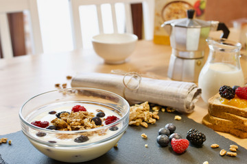 healthy breakfast with cereal and milk