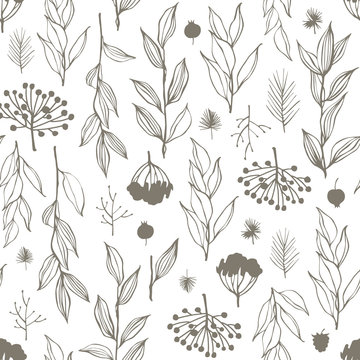 Seamless pattern with hand drawn branches and berries.