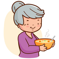 Grandma serving a steaming hot bowl of soup. Vector illustration