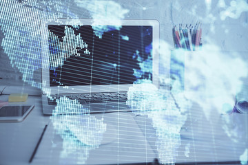 Multi exposure of business theme icons and work space with computer background. Concept of success.