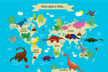 Cartoon dinosaurs with names on modern world map. Continents and oceans. Geography for preschoolers and schoolchildren © Elena