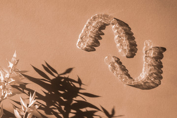 Invisible aligners teeth brackets on toned background with flower shadow