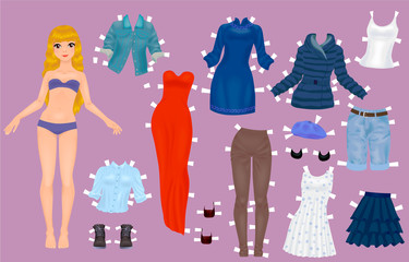 Paper doll of a pretty blond girl with a variety of paper clothes and shoes - 326621220