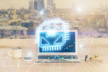 Double exposure of desktop computer and technology theme hologram. Concept of software development.