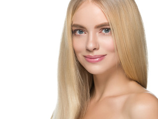 Fototapeta premium Beautiful Smooth hair woman blonde long hairstyle natural blue eyes clean skin female portrait