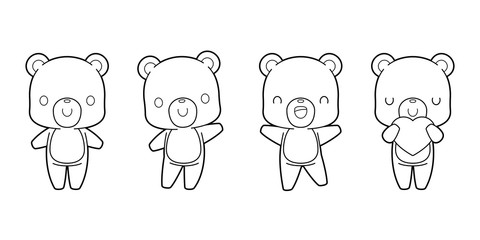 Set of cute bear cartoon outline drawing for children's coloring book. Kawaii vector illustration.