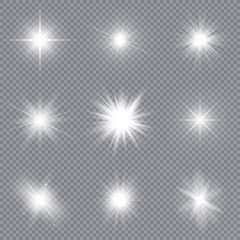 Set of bright stars. Sunlight translucent special design light effect. Vector illustration.