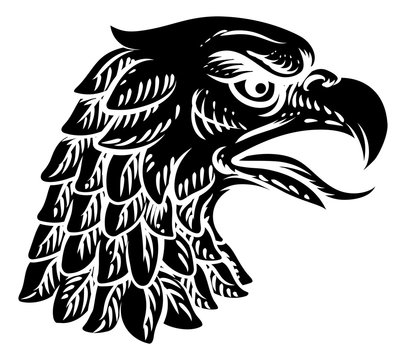 An eagle, falcon hawk or phoenix head face mascot in engraved style.