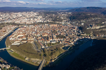 Obraz premium Aerial view of French medieval city, old buildings and cityscape in Besancon, France