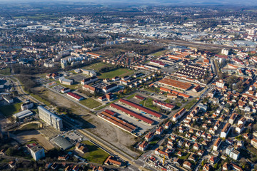 Aerial view of French medieval city, old buildings and cityscape in Besancon, France