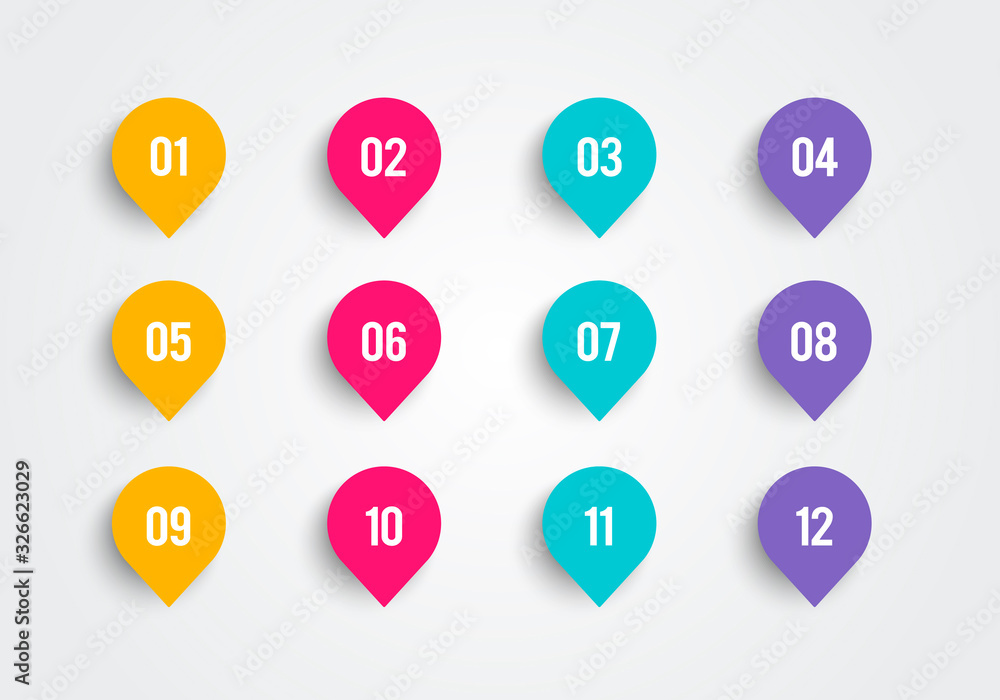 Aufkleber vector illustration bullet point set. marker in retro color. pins with number 1 to 12.